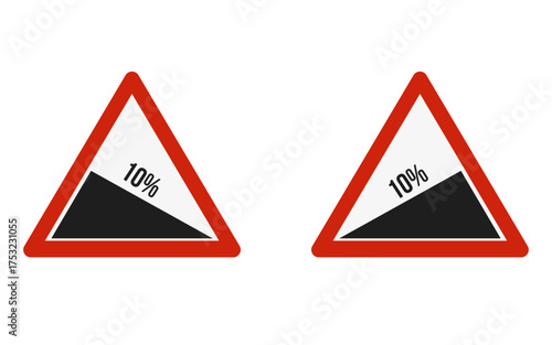 Vector art of two steep descent road signs, indicating a 10 downward slope, alerting drivers to adjust speed and gear for safe navigation on the descending road section