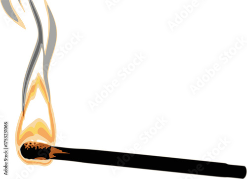 Black Vector Silhouette of Burning Matchstick with Flame and Smoke	
