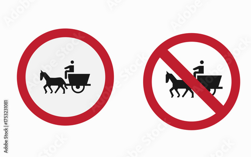 Horse-Drawn Carriage Prohibited Road Sign Vector | No Animal-Drawn Vehicle Entry Symbol | Traffic Regulation, Road Safety Icon Set | International Highway Restriction Warnings