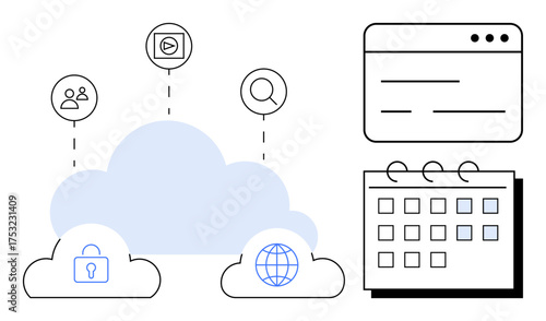 Cloud linking to icons for users, media, search, padlock, and globe. Accompanied by a calendar and browser window. Ideal for technology, connectivity, data management productivity remote work