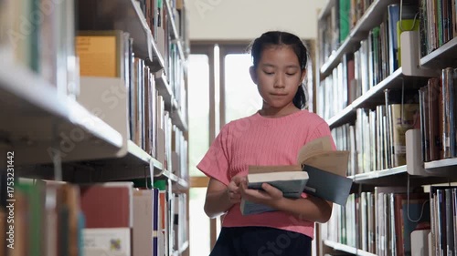 Young girl reading book in library filled with shelves, where education brings happiness and joy to every page.