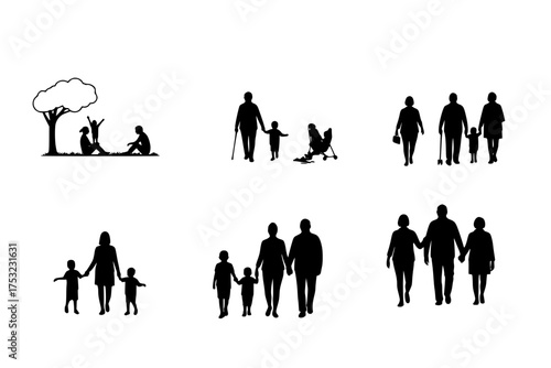 Intergenerational Family Connection Silhouettes: Diverse Family Moments, Grandparents, Parents, Kids Vector Set	