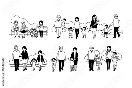 Intergenerational Family Connection Silhouettes: Diverse Family Moments, Grandparents, Parents, Kids Vector Set	