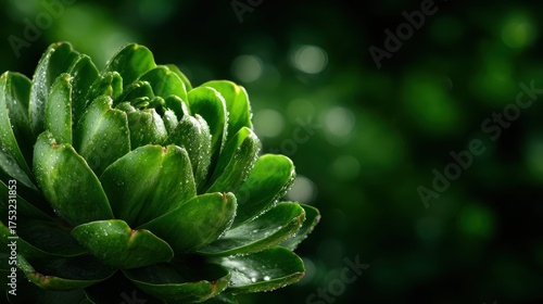 A vibrant succulent plant glistening with water droplets, set against a blurred green background that enhances its natural beauty, freshness, and vitality.
