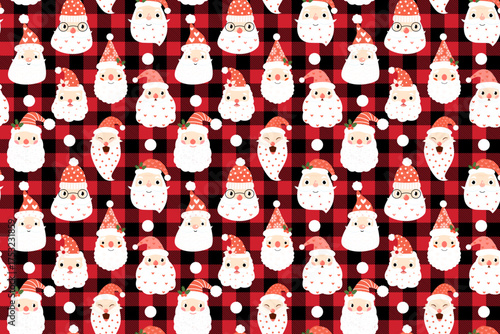 Cute Santa Claus Vector Faces on Red and Black Buffalo Plaid Background, Fun Christmas Background