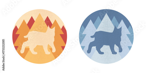 Round emblems with a lynx silhouette on forest background. Forest animal. Vector illustration