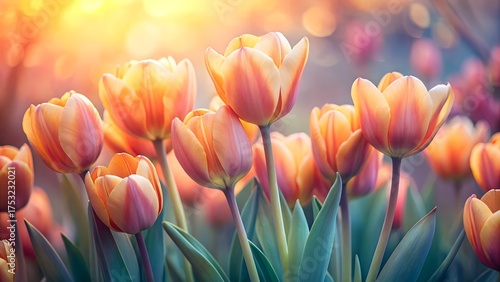 Soft focus close up of vibrant orange and yellow tulips bathed in warm golden sunlight during a beautiful spring morning
