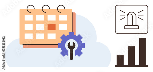 Calendar alongside wrench and gear on cloud, alert icon, and growth chart. Ideal for productivity, automation, data analysis, planning, improvement monitoring and efficiency. Simple flat metaphor