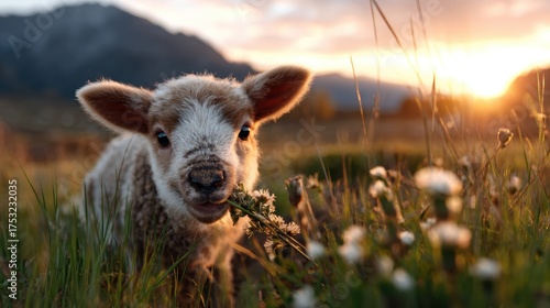 A cute lamb grazes on fresh grass in a sunlit field, capturing the charm of nature and the innocence of youth under the evening sunlight near a beautiful mountainous background.