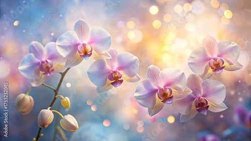 Soft focus pastel orchids with delicate bokeh lights creating a dreamy and ethereal floral fantasy background