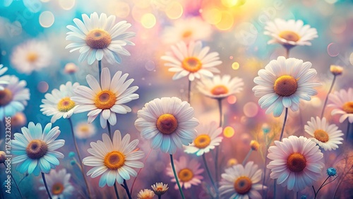Soft focus close up of numerous white daisies with yellow centers in a dreamy pastel meadow bathed in warm golden sunlight