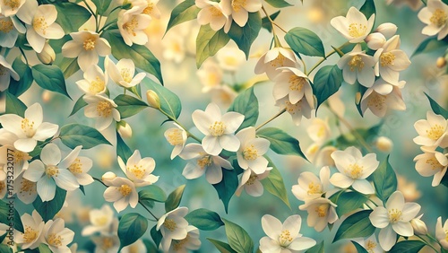 Soft focus close up of delicate white jasmine flowers blooming abundantly on lush green branches with a dreamy ethereal light