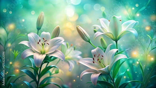 Dreamy ethereal white lilies bloom in a magical garden bathed in soft golden sunlight and sparkling bokeh lights