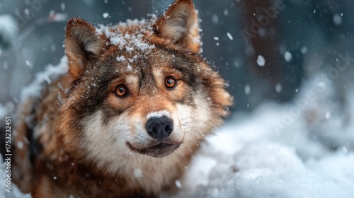 A majestic wolf, adorned with a snowy coat, gazes curiously into the camera, exemplifying the beauty and grace of wildlife in a winter wonderland.