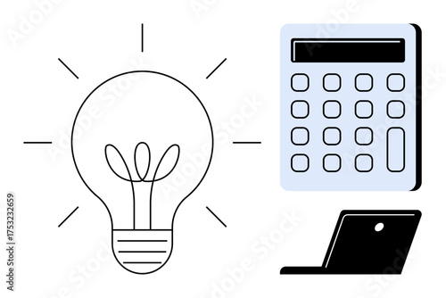 Lightbulb, calculator, and laptop emphasize creativity, financial efficiency, and digital tools. Ideal for business, innovation, productivity strategy technology education finance. Simple flat