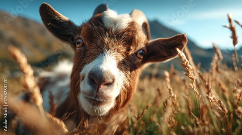 A close-up of a curious goat among golden wheat, emphasizing its expressive eyes and the serene natural setting, perfect for portraying rural life and animal charm.