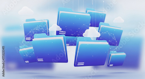 Abstract 3d rendering of blue folders floating in the air with white clouds and a light blue background