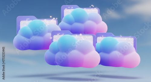 Cloud storage folders with pastel colors floating in the sky, representing data management and organization for digital files