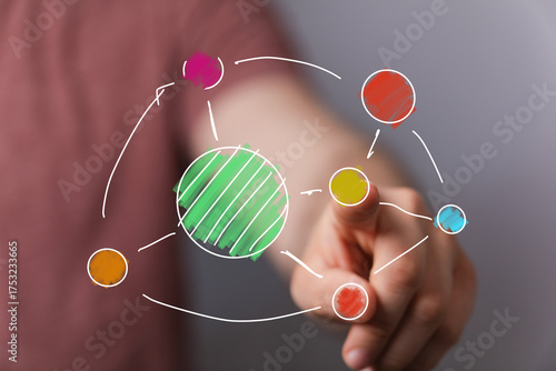 Hand pointing at a colorful...