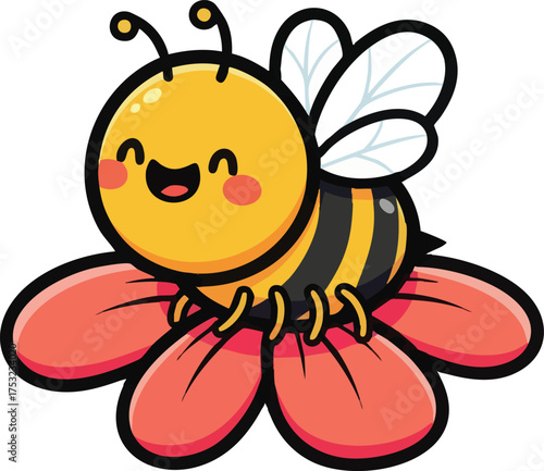 Cute cartoon bee smiling happily sitting on a flower with red petals.