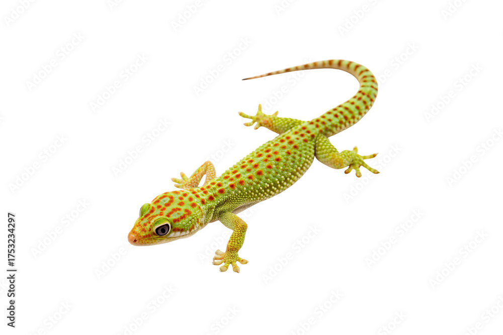 Naklejka premium Bright green and orange spotted gecko displaying vivid coloration and climbing position overhead, isolated on a transparent background