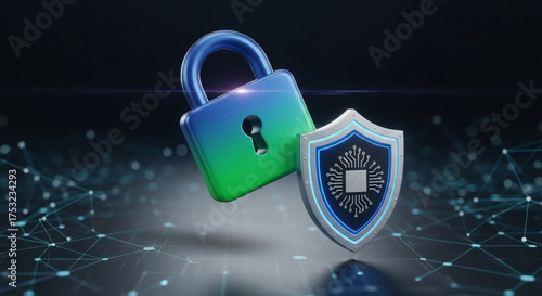 Cyber security concept with a padlock and shield protecting data on a dark blue background with network connections