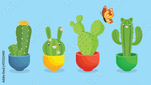 set of cute cacti with flowers and butterfly vector illustration design