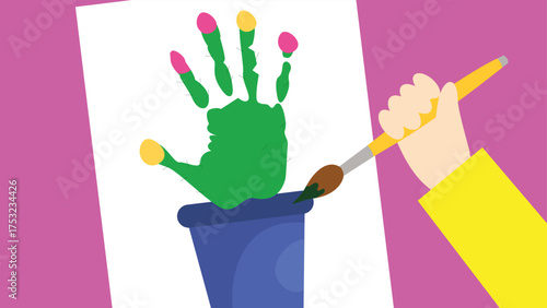 Paintbrush and hand in a pot. Flat style vector illustration.