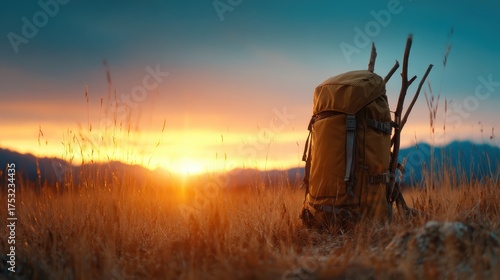 A rugged adventure backpack set against a breathtaking sunset, symbolizing exploration and the beauty of nature, perfect for travel and outdoor themes.