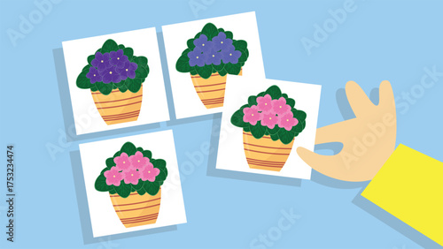 Flowers in pots. Vector illustration in flat style on blue background.