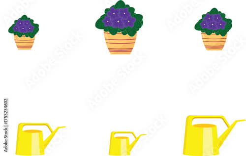 Set of watering cans with flowers in pots. Vector illustration in flat style.