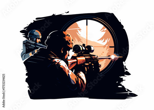 Precision in Focus: Silhouette soldiers, with their weapons drawn, find the perfect shot within the crosshairs of a telescopic sight, ready to strike against the background.