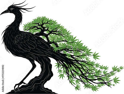 Mythical Phoenix Tree Fusion - Vibrant Green Foliage and Elegant Bird Silhouette