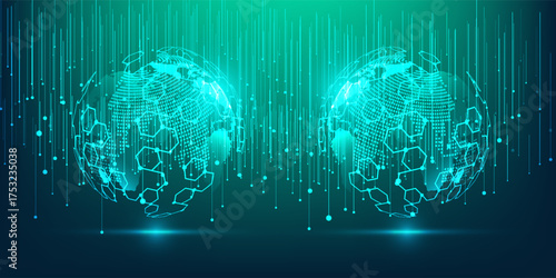 Digital technology speed connect blue green background, cyber nano information, abstract communication, innovation future tech data, internet network connection, Ai big data, line dot illustration