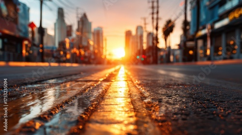 A stunning sunset casts a warm glow over city streets, reflecting on wet pavement and creating a captivating and serene urban atmosphere that invites exploration.