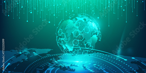 Digital technology speed connect blue green background, cyber nano information, abstract communication, innovation future tech data, internet network connection, Ai big data, line dot illustration
