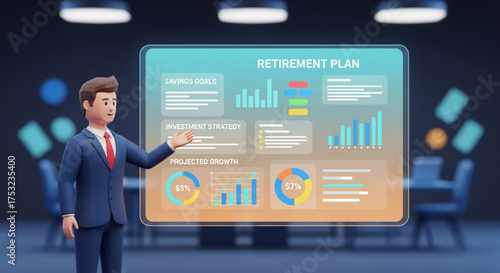 Cartoon businessman presenting retirement plan on a futuristic screen in a meeting room, financial planning concept
