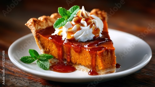 A delectable slice of pumpkin pie topped with whipped cream and caramel sauce showcases the essence of fall desserts and seasonal flavors.