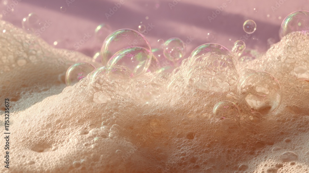 Fototapeta premium Ethereal Soap Bubbles: Iridescent Reflections on Frothy Surface, Dreamy Pink Background