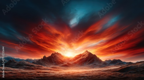 A breathtaking mountain landscape illuminated by a fiery sunset, with dramatic clouds and colors that convey an awe-inspiring connection to nature's grandeur.