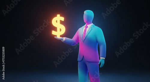 A blue mannequin in a suit holds a glowing dollar sign, representing financial success and investment in a modern, abstract style