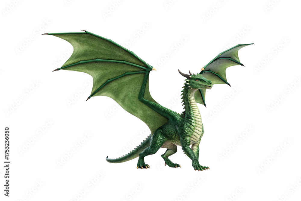 Fototapeta premium Green dragon with extended wings, detailed scales, horns and spines, cream-colored underbelly, side profile view captured, isolated on a transparent background