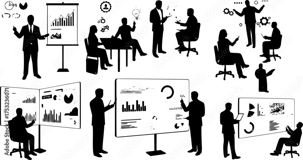 Obraz premium Business & Innovation Silhouettes: Professional Teamwork, Presentation, Data Analysis, Startup Vector Icon Set