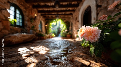 A charming stone pathway adorned with blooming flowers creates a serene atmosphere, inviting viewers to experience nature's beauty and tranquility in a picturesque setting.