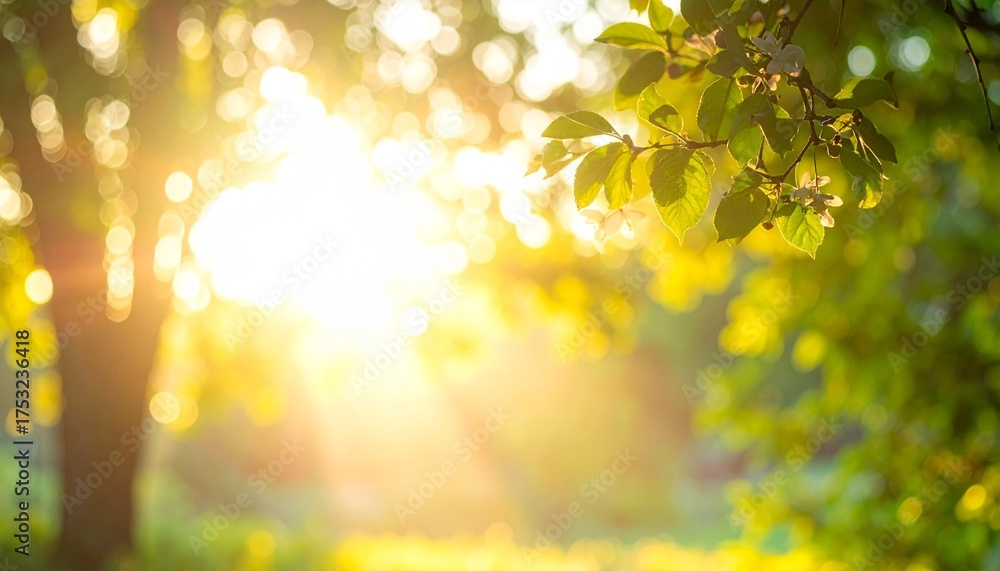 Obraz premium Bright sunlight beams through green forest foliage, creating a spring nature scene with bokeh and blur