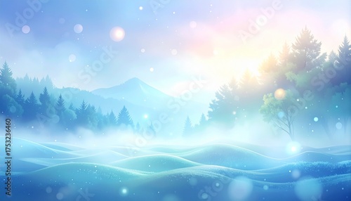 Sunrise over a cold mountain landscape with snow on the trees under a blue sky, perfect for a Christmas holiday card