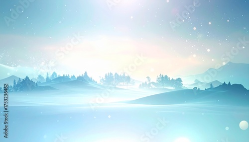 A winter mountain landscape featuring blue sky, snow, and sun at sunrise