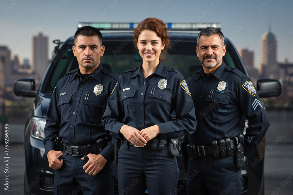 Fototapeta premium Three police officers, two men and one woman, stand confidently in front of a police vehicle, wearing dark blue uniforms and badges, set against a blurred cityscape background.