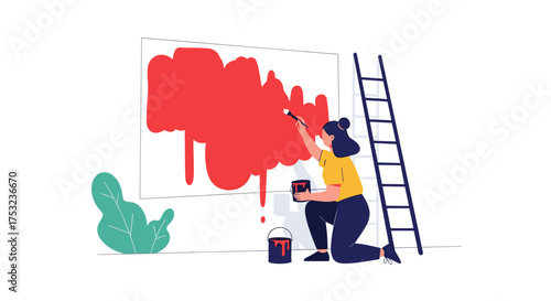 A woman paints a large red abstract mural on a white wall with a ladder nearby.
