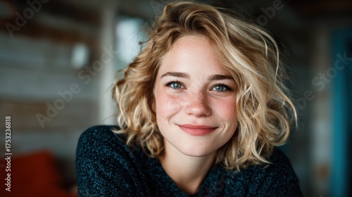 Wallpaper Mural A young woman with a bright smile and curly hair is portrayed in a casual indoor setting, radiating warmth and approachability, inviting connection and friendship. Torontodigital.ca